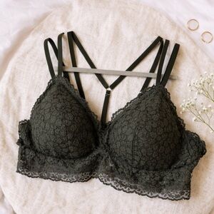 Aerie Olive Green Lace Bralette Strappy Back XL Boho Sexy NWT